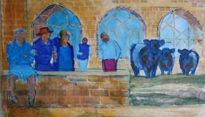 Painting in Progress - Cows at the Cathedral